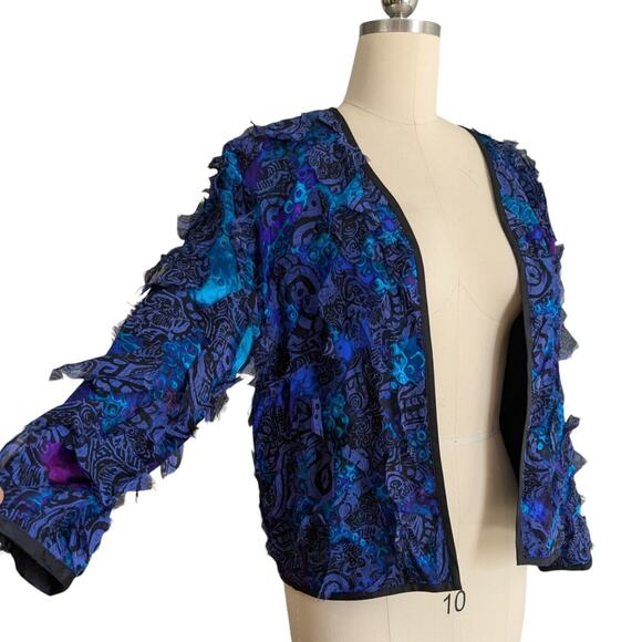 Vintage Chicos Silk Jacket Topper Blazer S Blue Black Art Eclectic Funky Floral - Picture 1 of 11